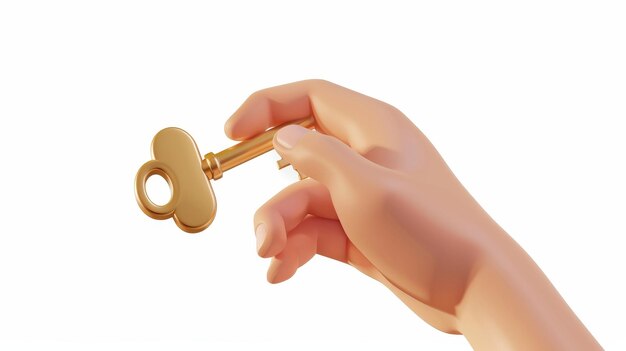 Foto esta renderização 3d mostra uma mão segurando uma chave de ouro comprar ou alugar uma casa ou carro novo crédito hipotecário ou vender propriedade e alugar um conceito de apartamento isolado em um fundo branco