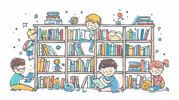 Esta simples ilustração moderna mostra uma criança bonita lendo ou brincando com estantes de livros