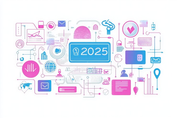 Foto esta vibrante obra de arte digital ilustra uma rede de ícones e símbolos interconectados que retratam os avanços tecnológicos esperados até 2025, mostrando a comunicação de dados e a conectividade global.