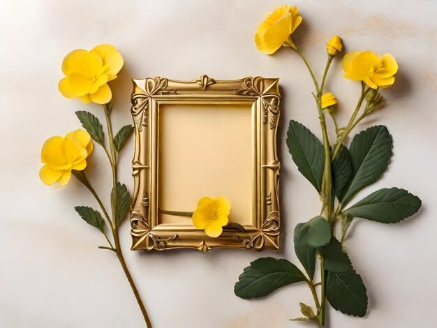 Foto estaba plano con un marco fotográfico dorado vacío y una flor de prímula amarilla a la luz