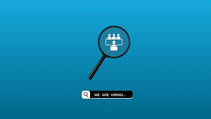 Estaban contratando una pancarta vectorial roja anuncio de vacante de empleado con una lupa en un azul