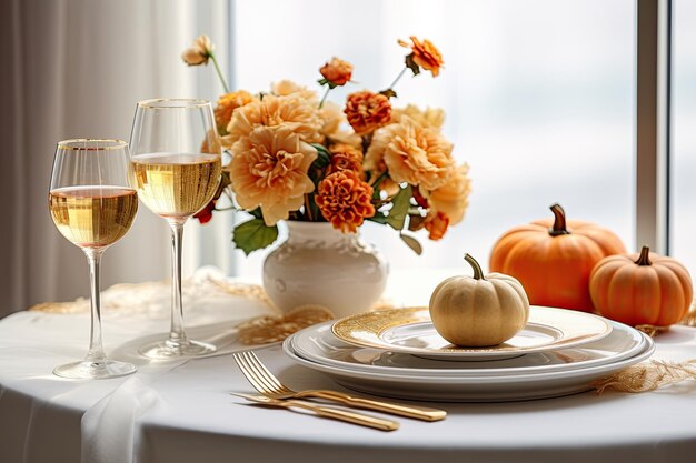 Estabelecimento de mesa de Dia de Ação de Graças no outono em uma casa branca aconchegante ou café em close-up