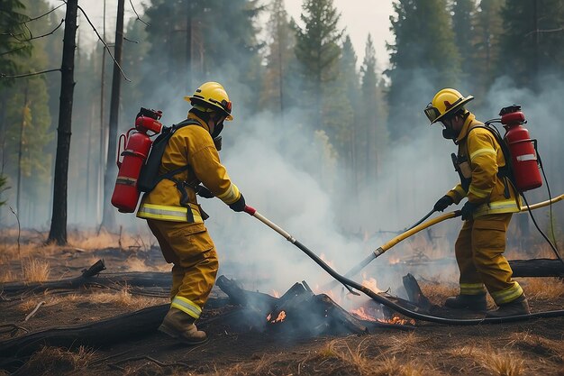 Estabelecimento de uma equipa de bombeiros em uniforme de segurança e capacetes para apagar um incêndio selvagem