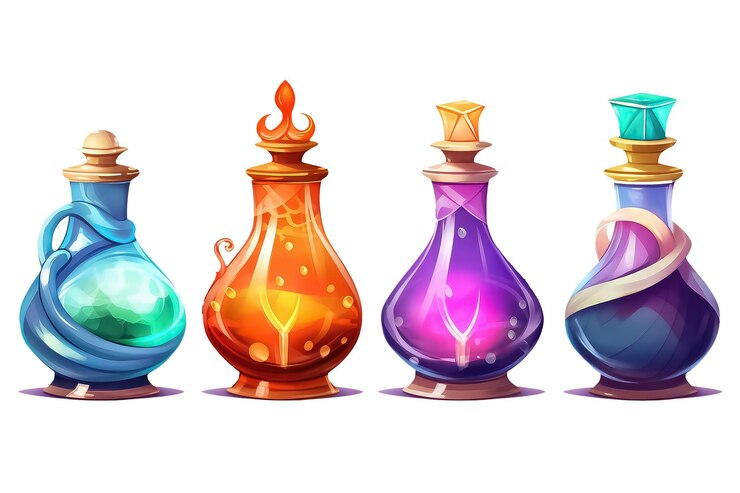 Foto establecer botella de perfume en estilo de dibujos animados para videojuegos aislado sobre fondo blanco ai