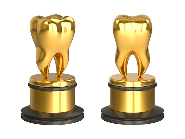 Establecer diente de trofeo de oro Un regalo para el mejor dentista Fondo blanco aislado 3d render