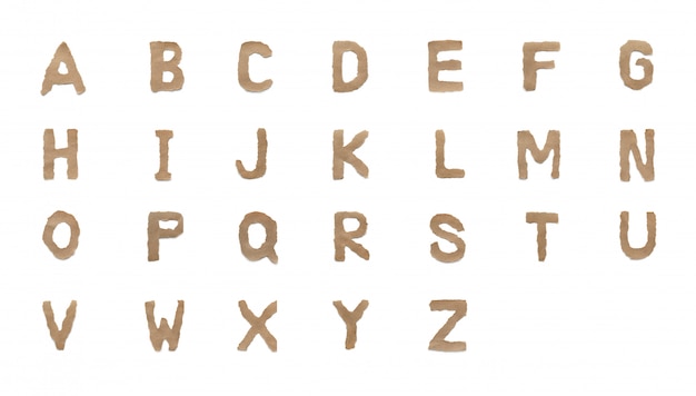 Establecer la fuente de la letra del alfabeto colección aislada sobre fondo blanco. Inglés de papel rasgado marrón carácter de la A a la Z