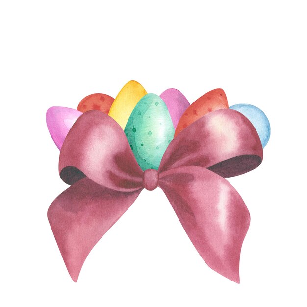 Establecer huevos de colores con lazo rojo aislado en blanco Dibujo a mano Diseño de ilustración de Pascua