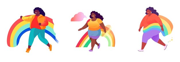 Establecer ilustración vectorial de mujer afroamericana con bandera del arco iris aislar en blanco