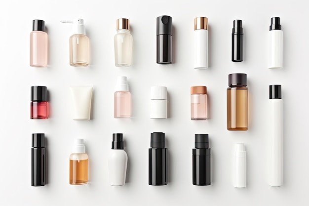 Foto establecer patrón de contenedores de maquillaje cosmético para el cuidado de la piel en blanco sobre fondo blanco