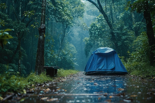 Foto establecer una tienda de campamento en el medio de un bosque donde estaba lloviendo fuertemente ai generado