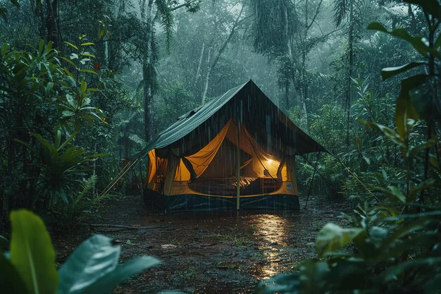 Foto establecer una tienda de campamento en el medio de un bosque donde estaba lloviendo fuertemente ai generado