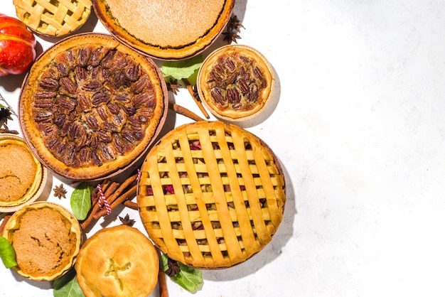 Establecer variedad de pasteles de otoño. Pecanas, manzanas, tartas y tartas pequeñas de calabaza sobre fondo de hormigón con luz solar brillante, vista superior de sombras oscuras