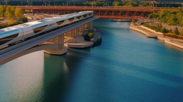 Estableciendo imágenes aéreas de drones del tren del centro de Chicago sobre el agua del lago durante la puesta de sol