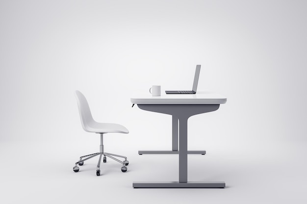 Establecimiento de escritorio moderno minimalista con computadora portátil y taza de café colocada en una elegante mesa blanca junto a una silla blanca en un interior limpio Rendering 3D