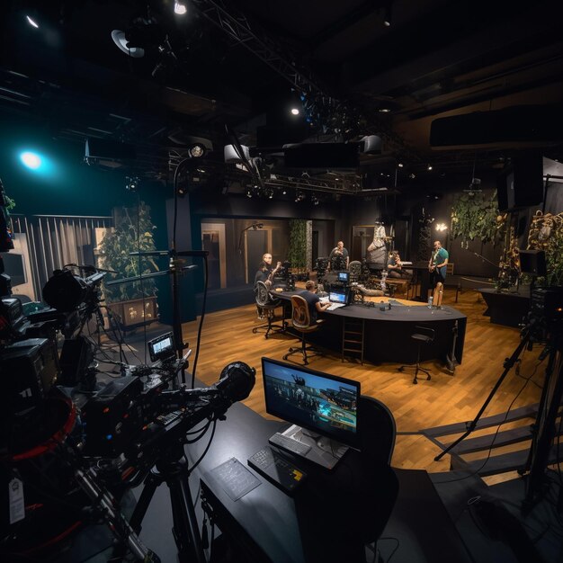 Foto establecimiento de estudio de noticias y sala de rodaje con equipo de grabación