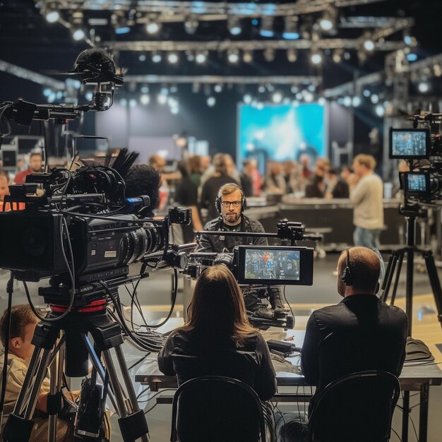 Establecimiento de estudio de noticias y sala de rodaje con equipo de grabación