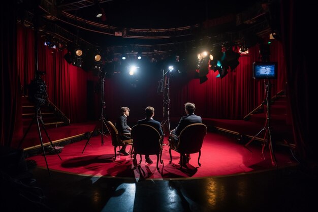 Foto establecimiento de estudio de noticias y sala de rodaje con equipo de grabación