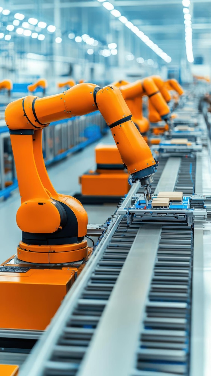 Foto establecimiento industrial con brazos robóticos en una cinta transportadora para la producción automatizada