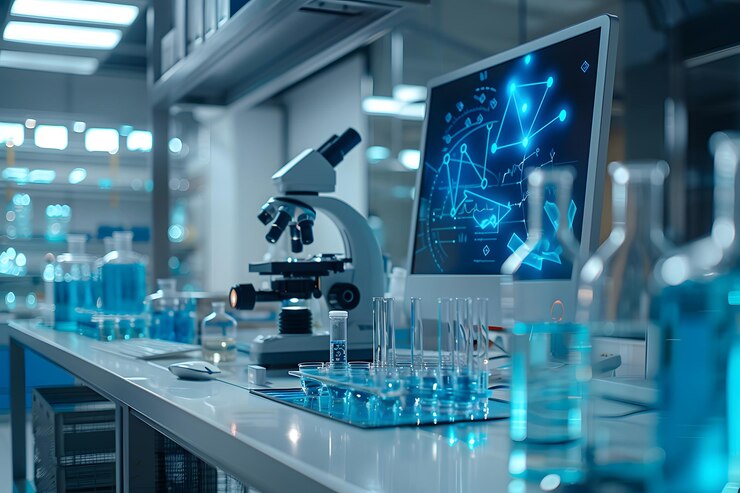 Establecimiento de laboratorio moderno con equipos avanzados y soluciones azules