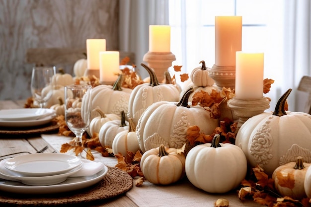 Foto establecimiento de lugares de otoño con hojas de otoño y calabazas para la decoración de la casa de otoño celebración del día de acción de gracias con cubiertos y decoración de arreglos de velas y flores de otoño generadas por la ia