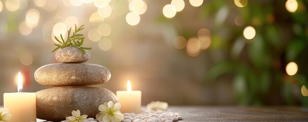 Establecimiento de meditación serena con velas y elementos zen Ambiente de bienestar para la relajación Copia espacio profundidad de campo