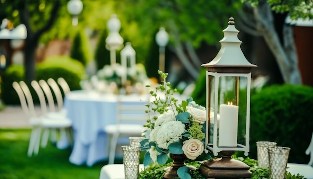Establecimiento de mesa de bodas con velas linternas y vegetación IA generativa