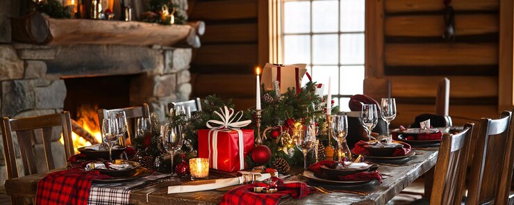 Establecimiento de la mesa de la cena de Navidad cerca de la chimenea en una acogedora cabaña de madera