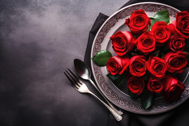 Foto establecimiento de la mesa del día de san valentín con rosas rojas y plato blanco en fondo oscuro copiar espacio ia generativa