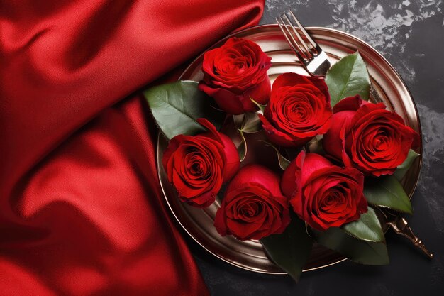 Establecimiento de la mesa del día de San Valentín con rosas rojas y plato blanco en fondo oscuro Copiar espacio IA generativa