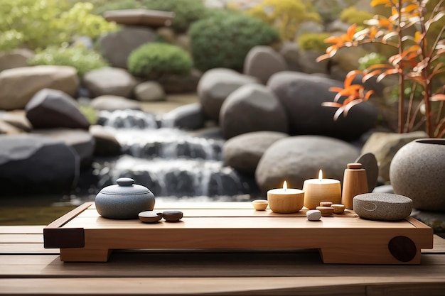 Establecimiento de mesa de estilo japonés con vajilla de cerámica de artesanía vacía cuencos y tazas ásperos marrones en mantel de lino decorados con la rama de la flor de primavera ikebana mesa cerca de la ventana
