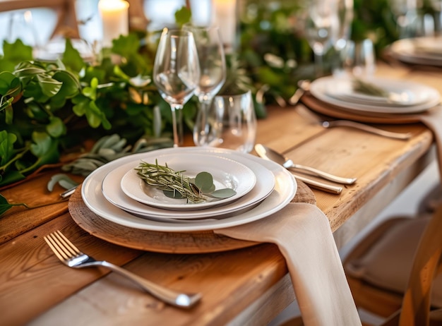 Establecimiento de la mesa en estilo rústico boda elegante zona de comedor al aire libre con platos blancos copas de vino y decoraciones florales