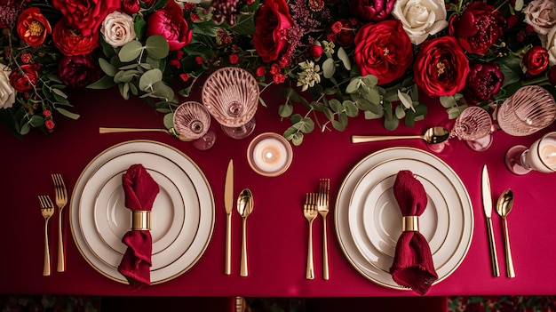 Establecimiento de mesa festiva con velas de cubiertos y hermosas flores rojas en jarrón