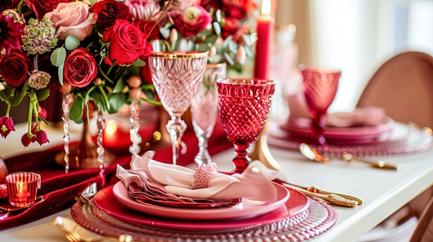 Establecimiento de mesa festiva con velas de cubiertos y hermosas flores rojas en jarrón