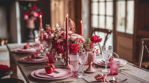 Establecimiento de mesa festiva con velas de cubiertos y hermosas flores rojas en jarrón