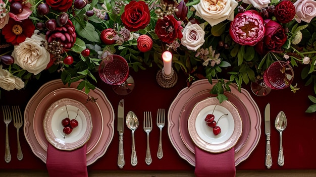 Establecimiento de mesa festiva con velas de cubiertos y hermosas flores rojas en jarrón