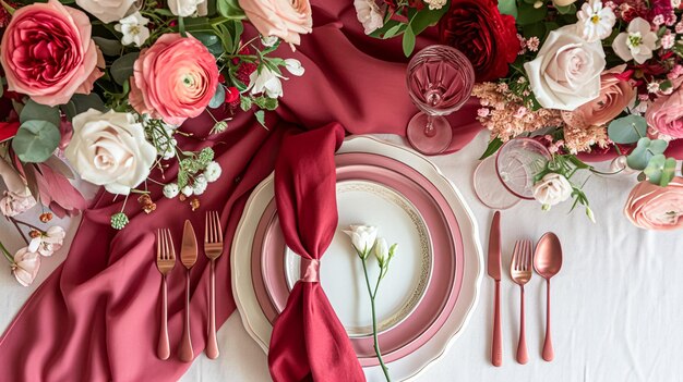 Establecimiento de mesa festiva con velas de cubiertos y hermosas flores rojas en jarrón