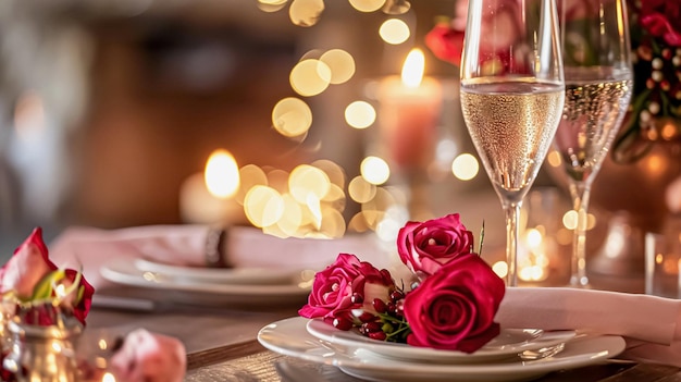 Establecimiento de mesa festiva con velas de cubiertos y hermosas flores rojas en jarrón