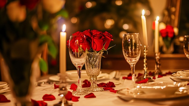 Establecimiento de mesa festiva con velas de cubiertos y hermosas flores rojas en jarrón