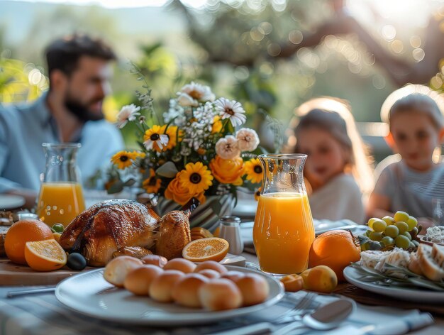 Establecimiento de la mesa de la fiesta de Pascua con comida y familia en el fondo