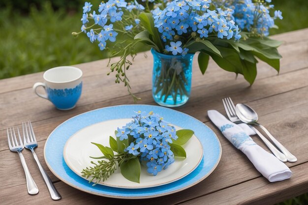 Foto establecimiento de mesa floral de verano con flores de forgetmenot de color azul brillante en una mesa de madera