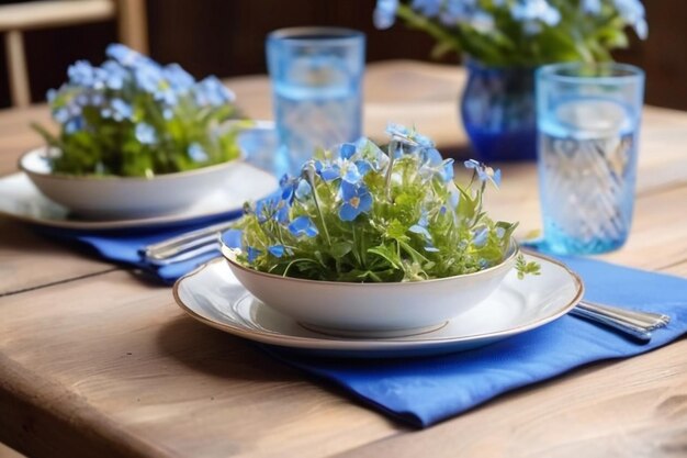 Foto establecimiento de mesa floral de verano con flores de forgetmenot de color azul brillante en una mesa de madera