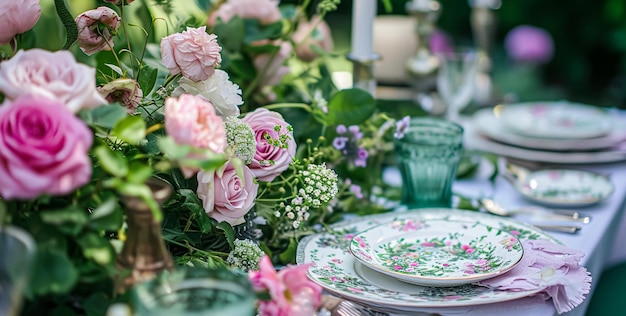 Establecimiento de mesa con flores de rosa y velas para una fiesta de evento o recepción de boda en el jardín de verano