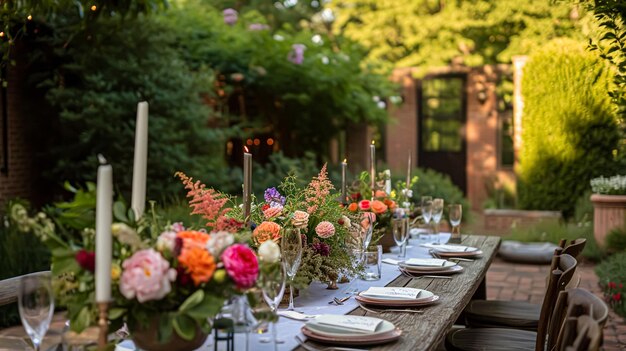 Establecimiento de mesa con flores de rosa y velas para una fiesta de evento o recepción de boda en el jardín de verano