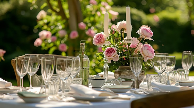 Establecimiento de mesa con flores de rosa y velas para una fiesta de evento o recepción de boda en el jardín de verano