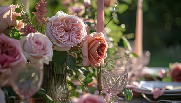 Establecimiento de mesa con flores de rosa y velas para una fiesta de evento o recepción de boda en el jardín de verano