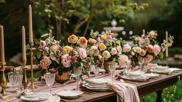 Establecimiento de mesa con flores de rosa y velas para una fiesta de evento o recepción de boda en el jardín de verano