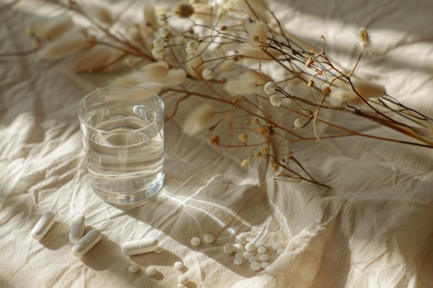 Establecimiento de mesa minimalista con cápsulas blancas de agua de vidrio de hierba seca