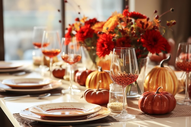 Establecimiento de mesa de otoño con calabazas y flores para la celebración de Acción de Gracias