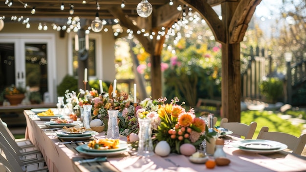 Establecimiento de la mesa de Pascua al aire libre en el jardín en flor