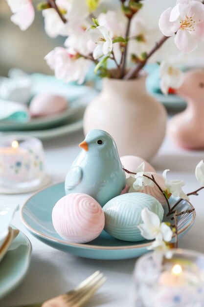 Establecimiento de la mesa de Pascua con huevos de colores pastel flores de primavera y vajilla